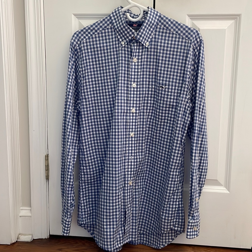 Vineyard Vines blue and white gingham button down slim fit Tucker shirt